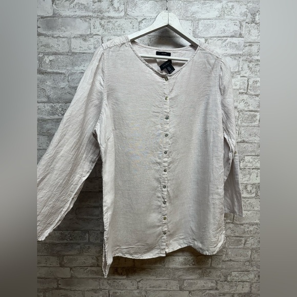 TAHARI 100% linen button down shirt womens 1X light gray mother of pearl buttons - Picture 1 of 6